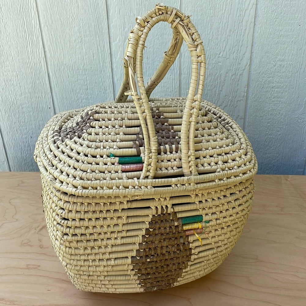VINTAGE Boho Wrapped Straw Basket with Lid